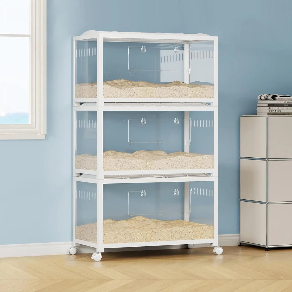 Hamster Cage with Wheels, Metal & Acrylic Habitat for Hamster, Guinea Pig, Gerbil, Mice, Chew-Proof, Dual Doors