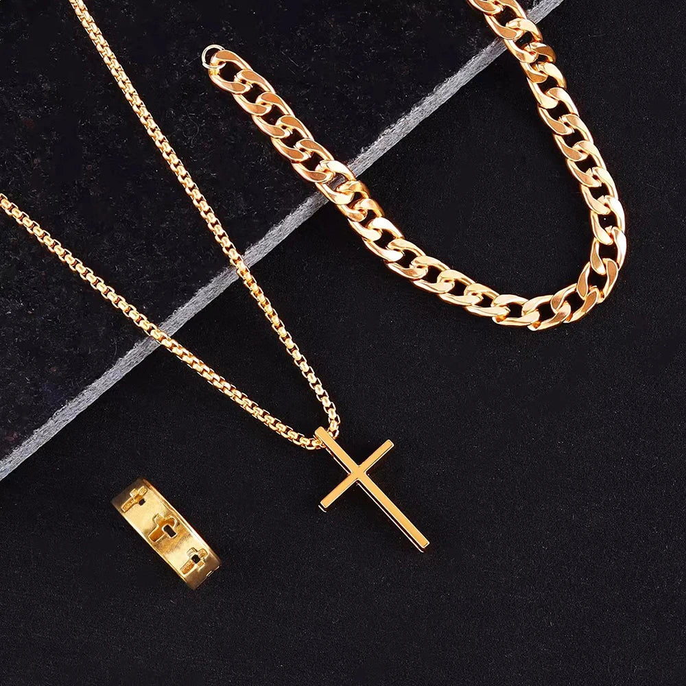 Men's Three-Piece Cross Jewelry Set