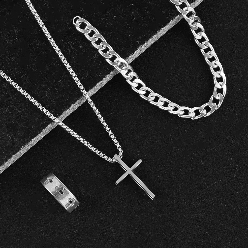 Men's Three-Piece Cross Jewelry Set