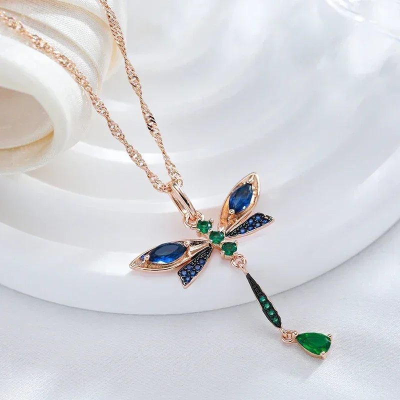 Blue Zircon Dragonfly Rose Gold-Tone Pendant Necklace