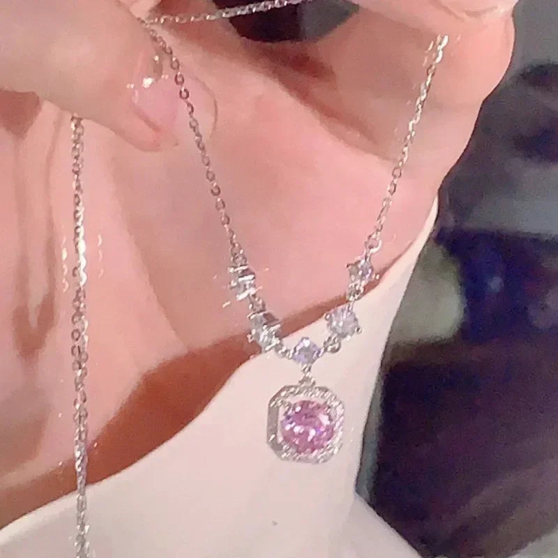 Square Pink Zircon Pendant Necklace