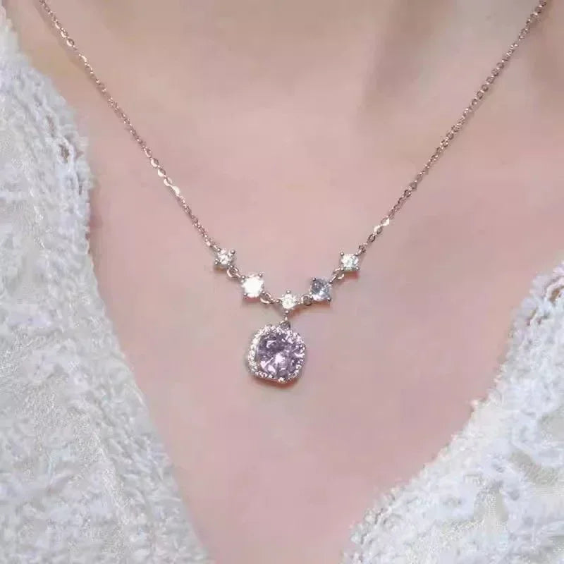 Square Pink Zircon Pendant Necklace
