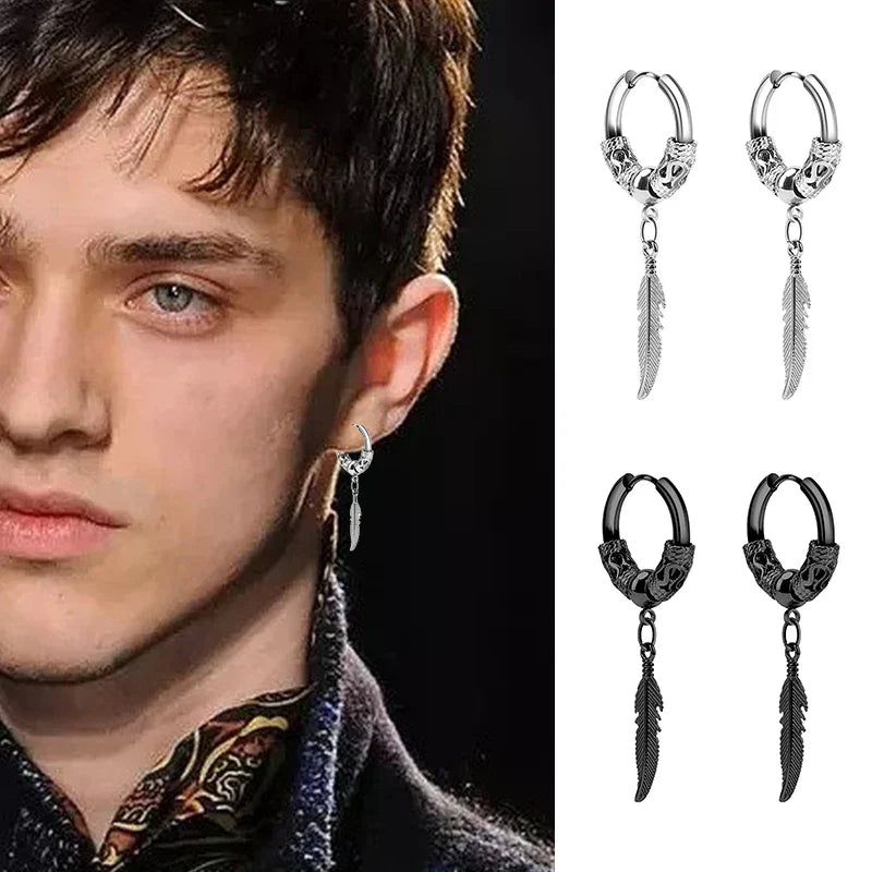 Two-Piece Stainless Steel Feather & Leaf Earring Set