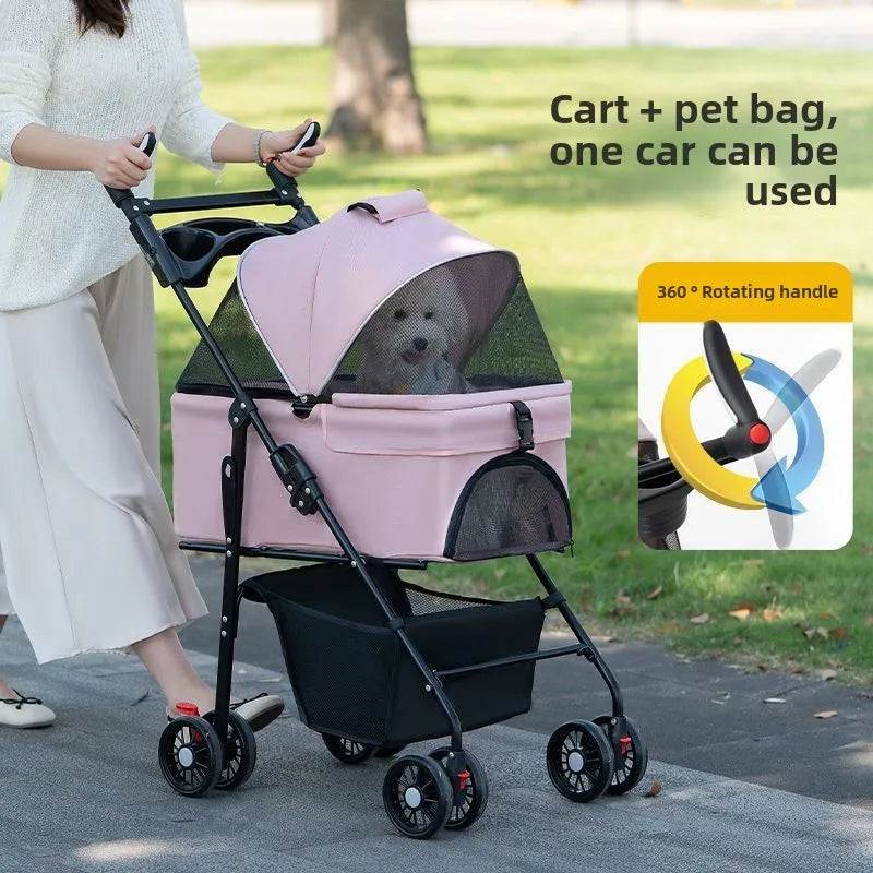 3-in-1 Dog Strollers 4 Wheels Folding Pet Stroller with Detachable Carrier Breathable Visible Mesh Travel