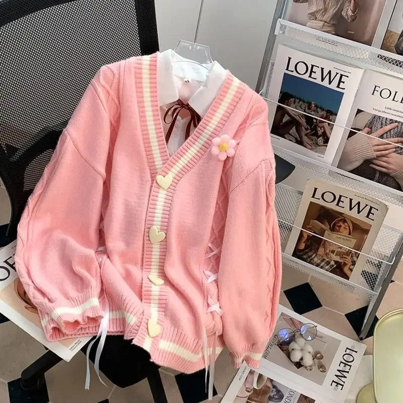 Heart-Button Ribbon Cardigan