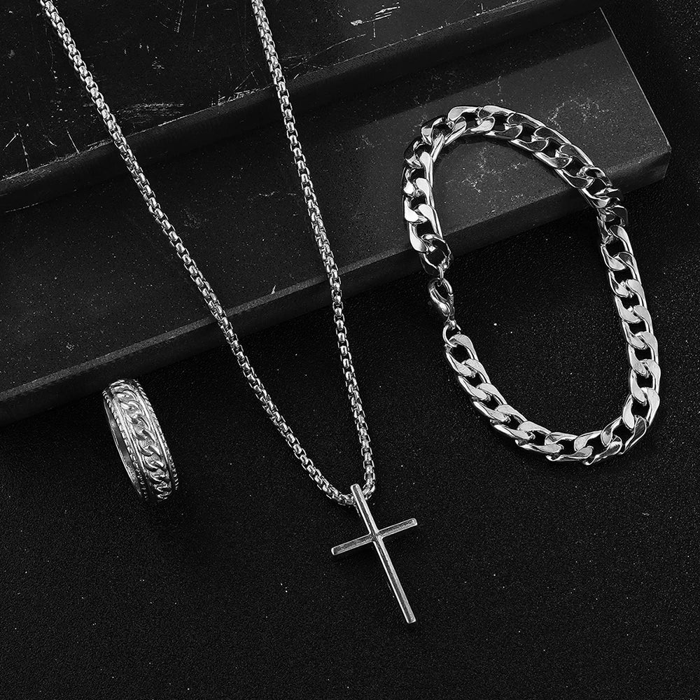 Men's Three-Piece Cross Jewelry Set