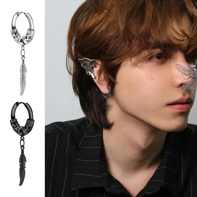 Two-Piece Stainless Steel Feather & Leaf Earring Set
