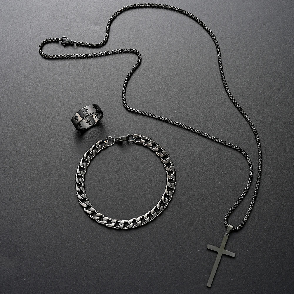 Men's Three-Piece Cross Jewelry Set