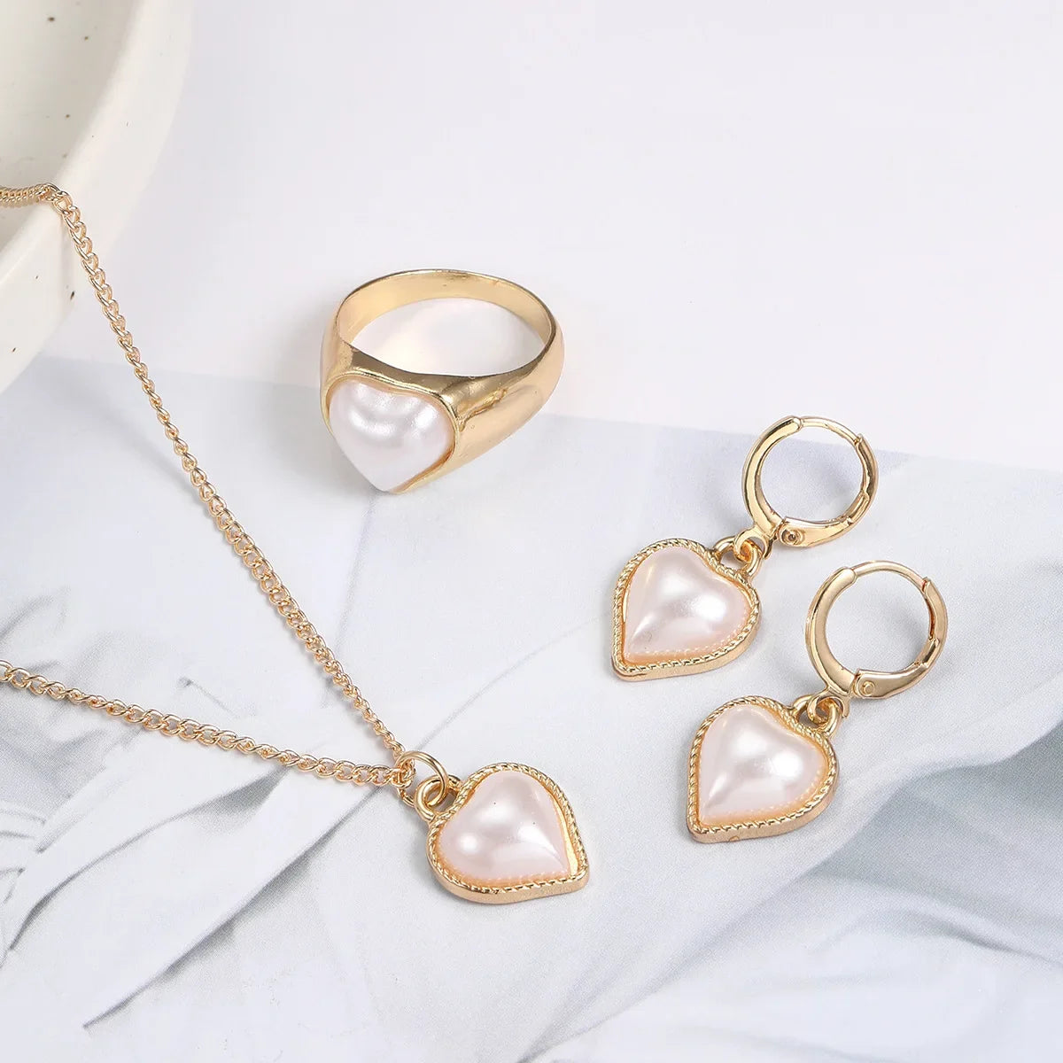 Three-Piece Pearl-Look Heart Jewelry Set