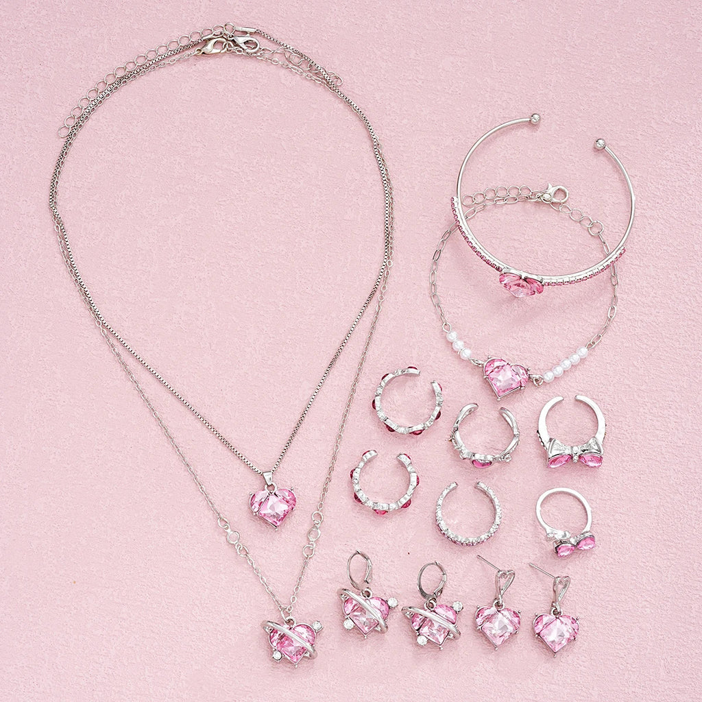 14-Piece Pink Crystal Heart Jewelry Set