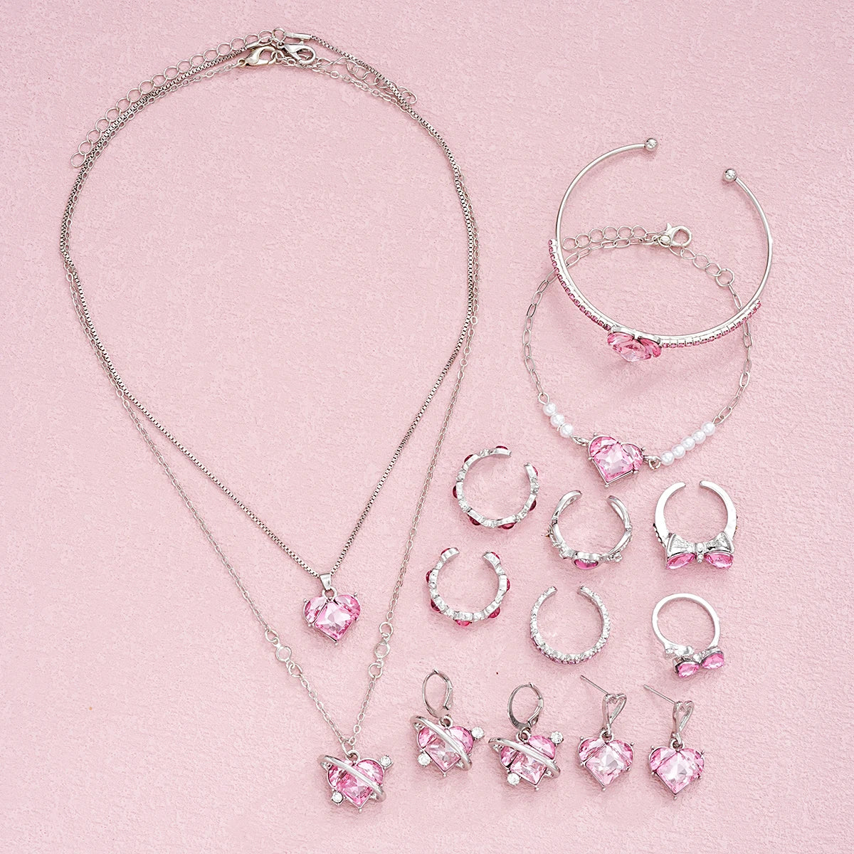 14-Piece Pink Crystal Heart Jewelry Set