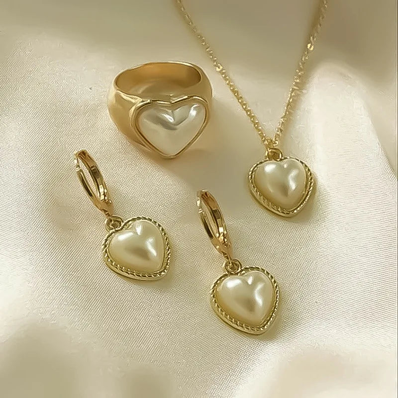 Three-Piece Pearl-Look Heart Jewelry Set