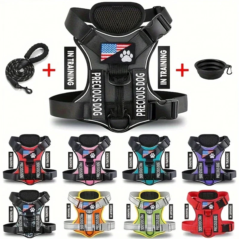 Service Dog Harness & Leash Set with 1pc Folding Bowl Reflective Adjustable Dog Vest Harness Soft Oxford Pet