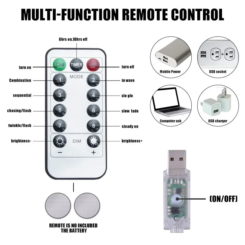 USB LED Curtain Fairy Lights with Remote — 8 Modes