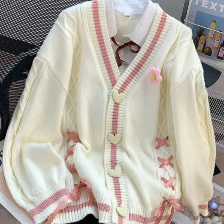 Heart-Button Ribbon Cardigan