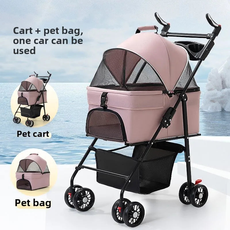 3-in-1 Dog Strollers 4 Wheels Folding Pet Stroller with Detachable Carrier Breathable Visible Mesh Travel