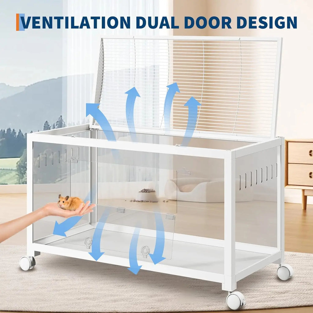 Hamster Cage with Wheels, Metal & Acrylic Habitat for Hamster, Guinea Pig, Gerbil, Mice, Chew-Proof, Dual Doors