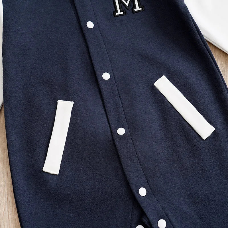 Baby Navy Baseball Print Footed Romper