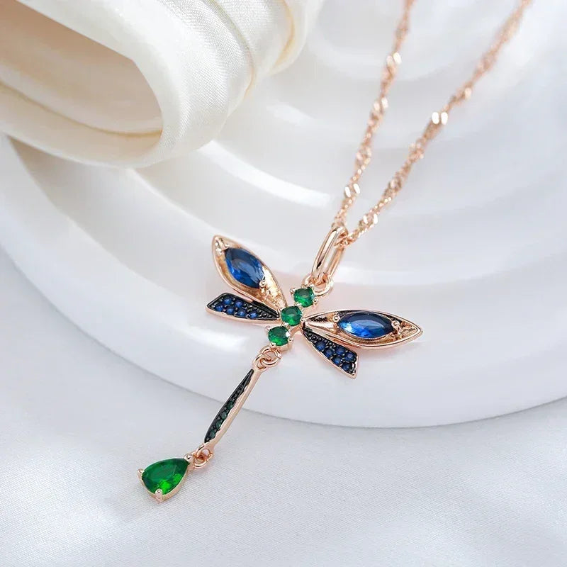 Blue Zircon Dragonfly Rose Gold-Tone Pendant Necklace