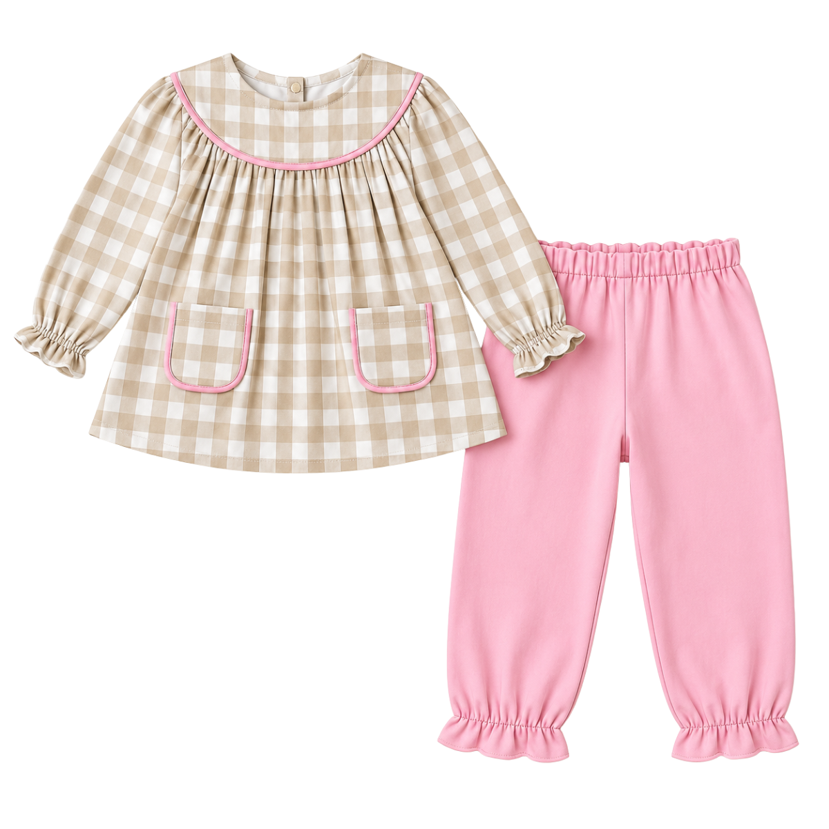 Girls' Gingham Top & Pink Pants Set
