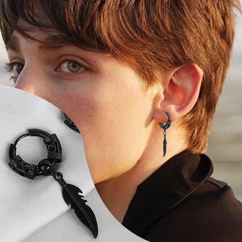 Two-Piece Stainless Steel Feather & Leaf Earring Set