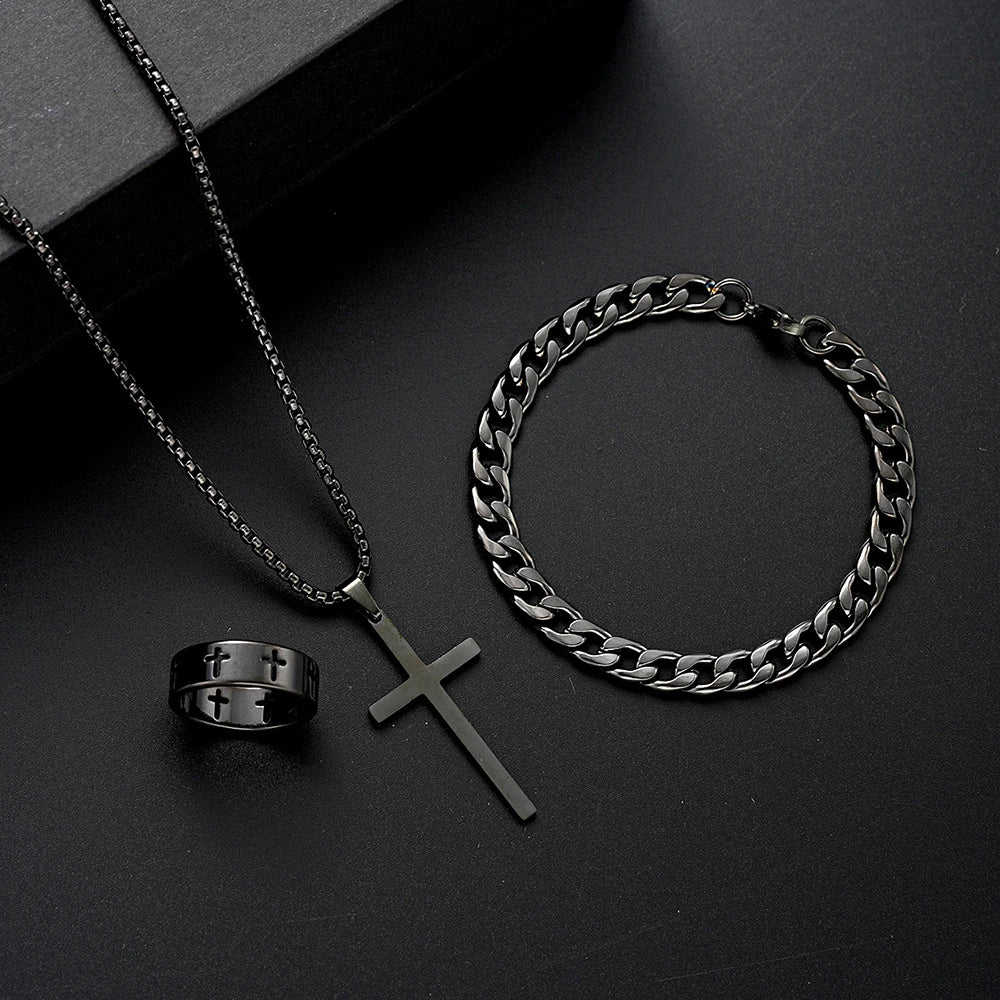 Men's Three-Piece Cross Jewelry Set