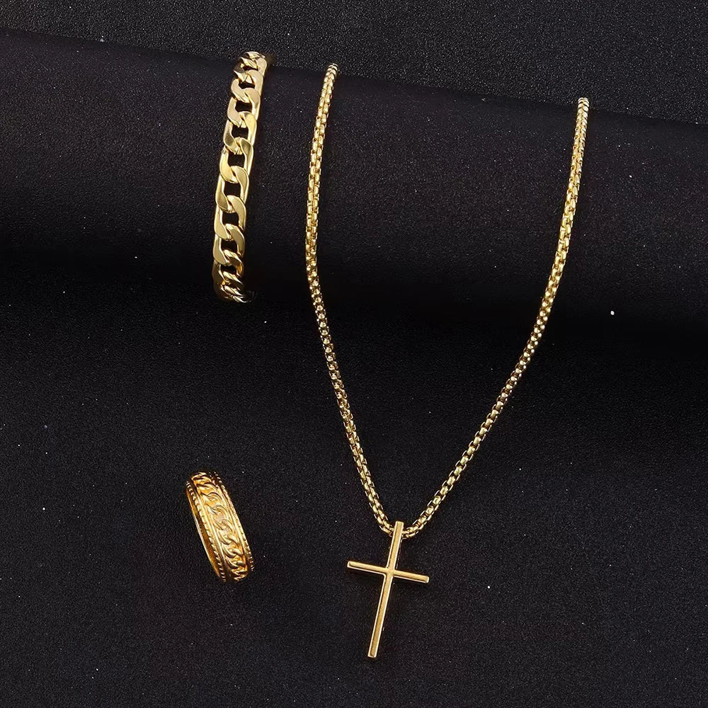 Men's Three-Piece Cross Jewelry Set