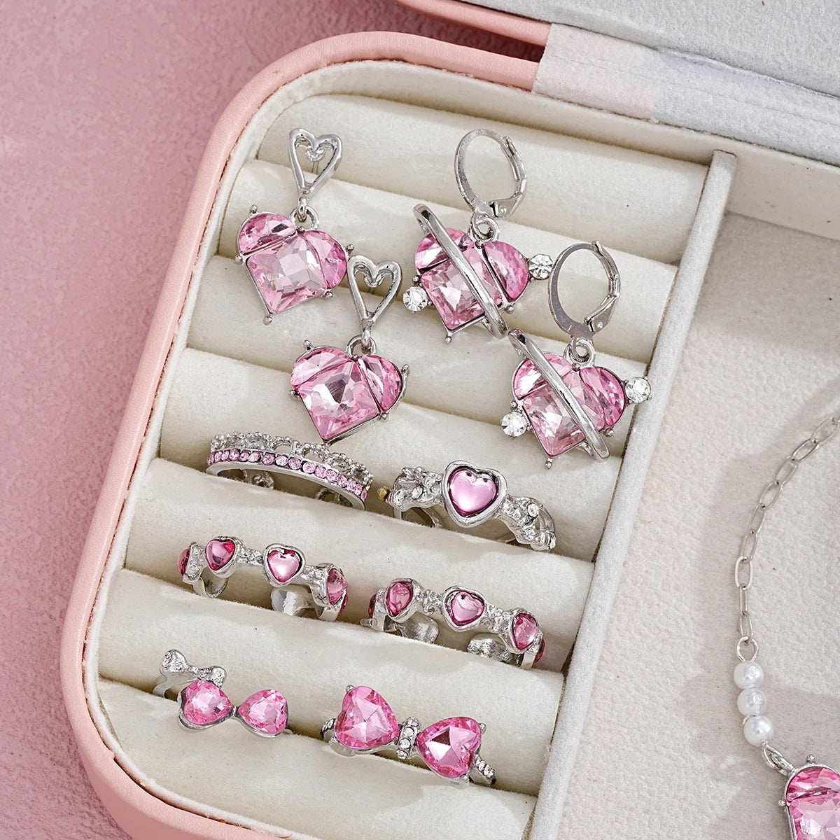 14-Piece Pink Crystal Heart Jewelry Set