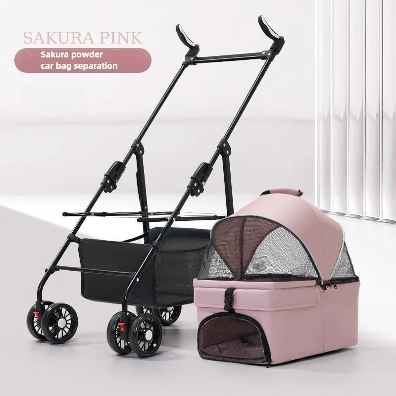 3-in-1 Dog Strollers 4 Wheels Folding Pet Stroller with Detachable Carrier Breathable Visible Mesh Travel