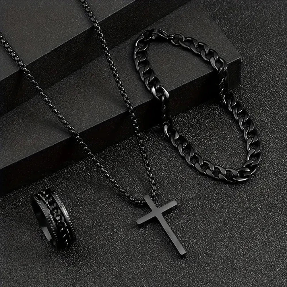 Men's Three-Piece Cross Jewelry Set