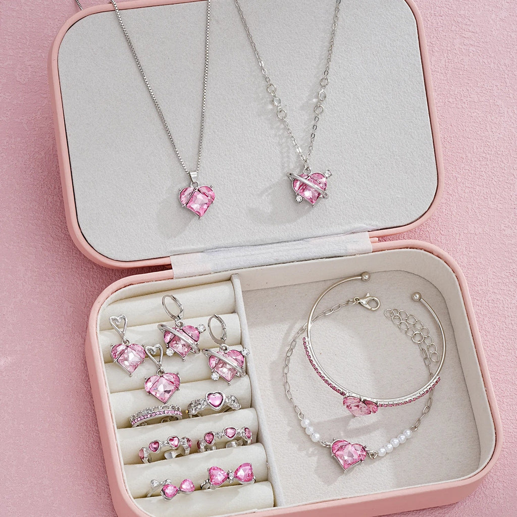 14-Piece Pink Crystal Heart Jewelry Set