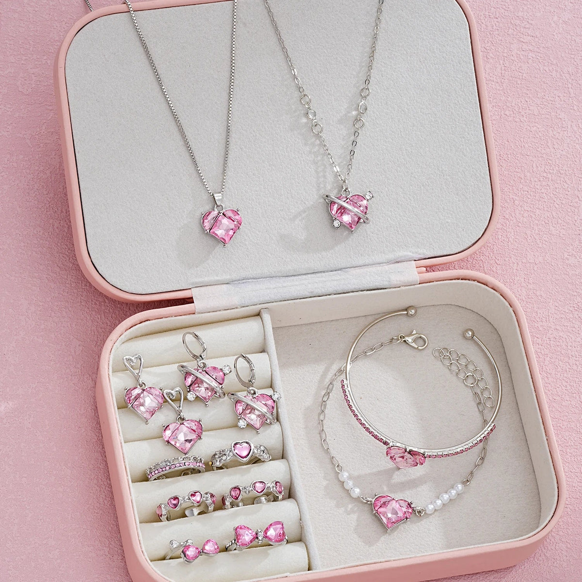 14-Piece Pink Crystal Heart Jewelry Set