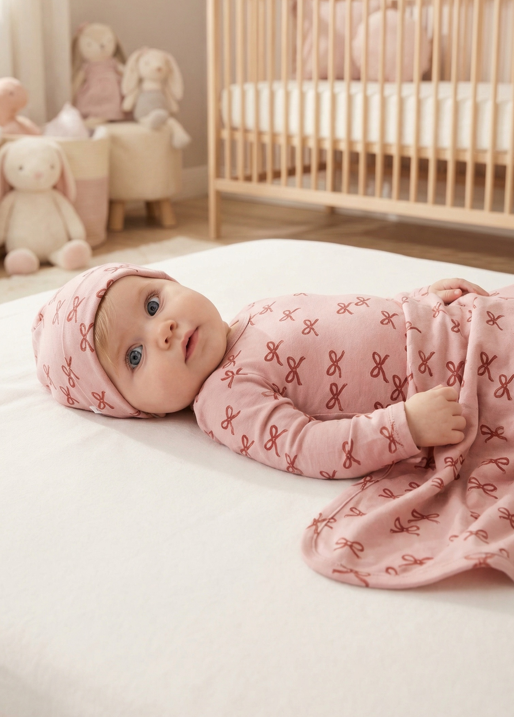 Baby Bow Print Cotton Footie & Hat Set