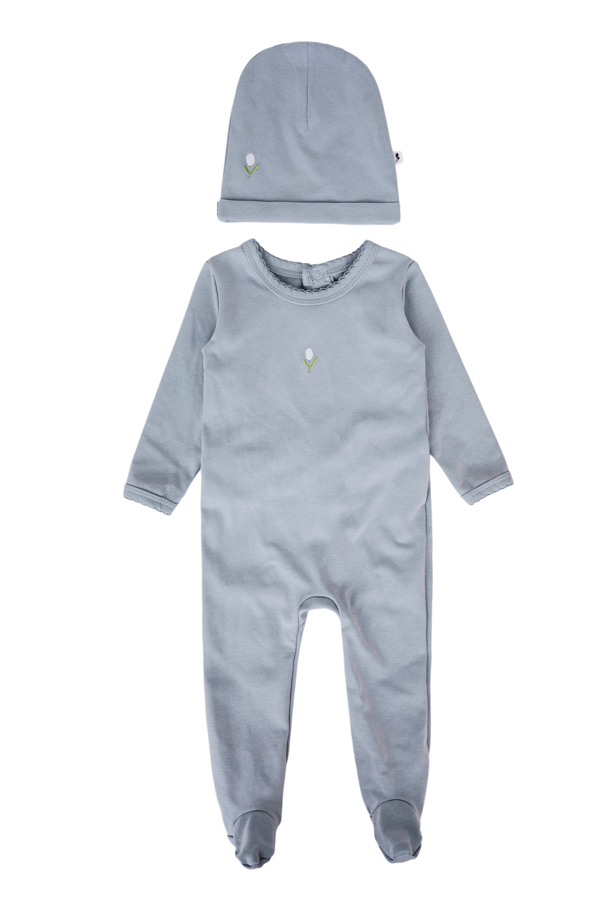 Baby Embroidered Flower Cotton Footie & Hat Set