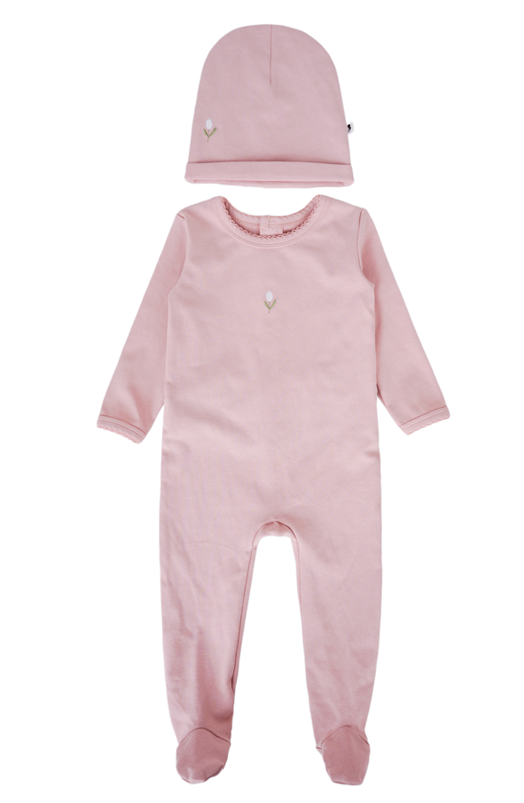 Baby Embroidered Flower Cotton Footie & Hat Set
