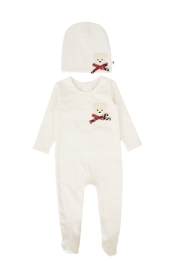 Baby Bear Print Cotton Footie & Hat Set