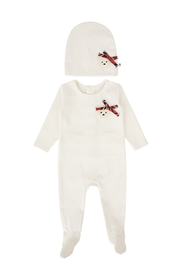 Baby Bear Print Cotton Footie & Hat Set