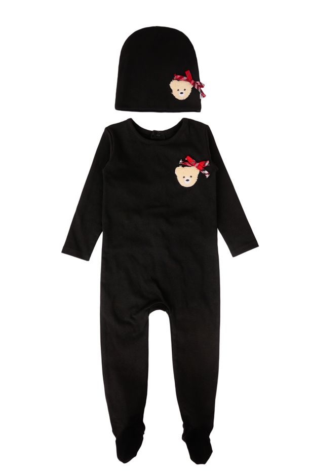 Baby Bear Print Cotton Footie & Hat Set