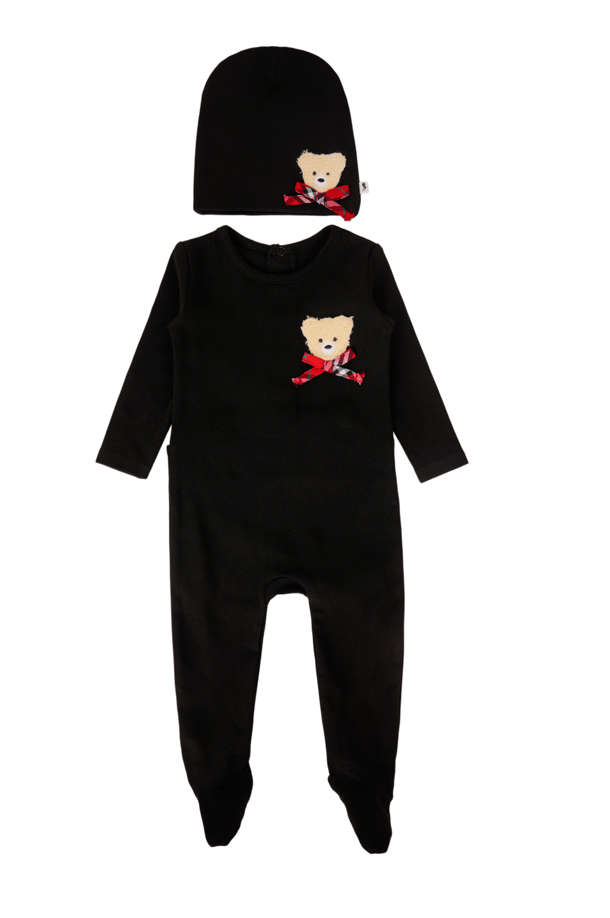 Baby Bear Print Cotton Footie & Hat Set