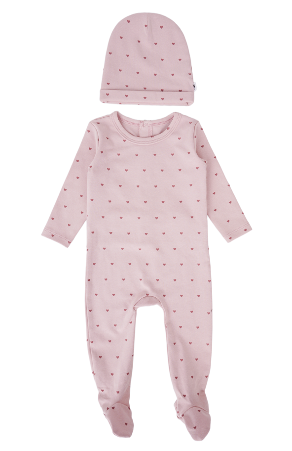 Baby Heart Print Cotton Footie & Hat Set