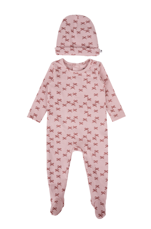 Baby Bow Print Cotton Footie & Hat Set