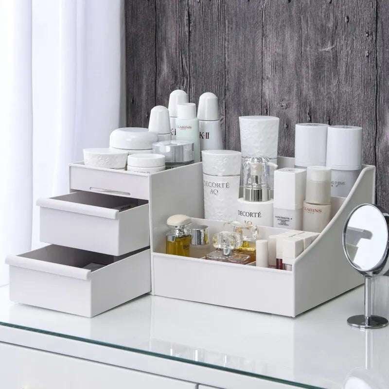 White Desktop Makeup Organizer with Storage Drawer