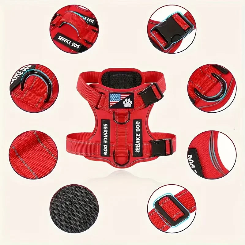 Service Dog Harness & Leash Set with 1pc Folding Bowl Reflective Adjustable Dog Vest Harness Soft Oxford Pet