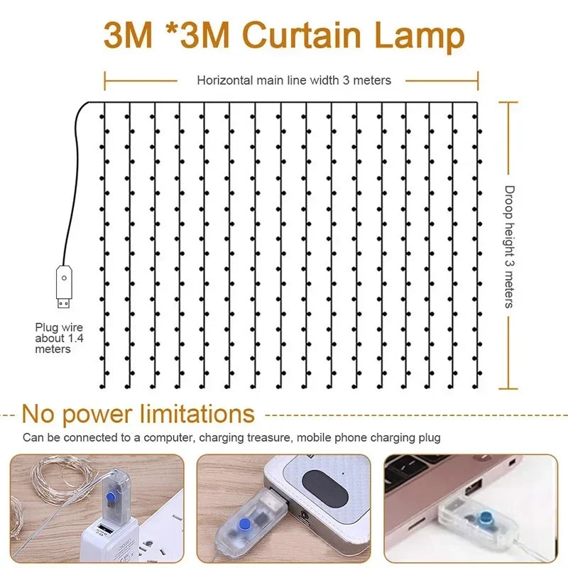 USB LED Curtain Fairy Lights with Remote — 8 Modes