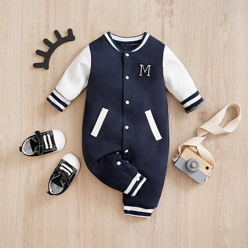Baby Navy Baseball Print Footed Romper