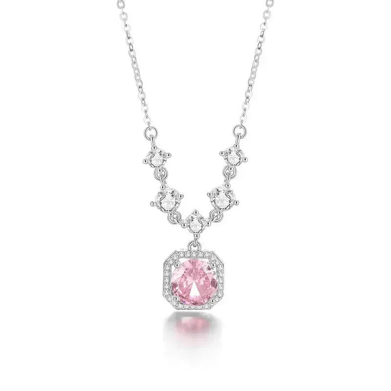 Square Pink Zircon Pendant Necklace
