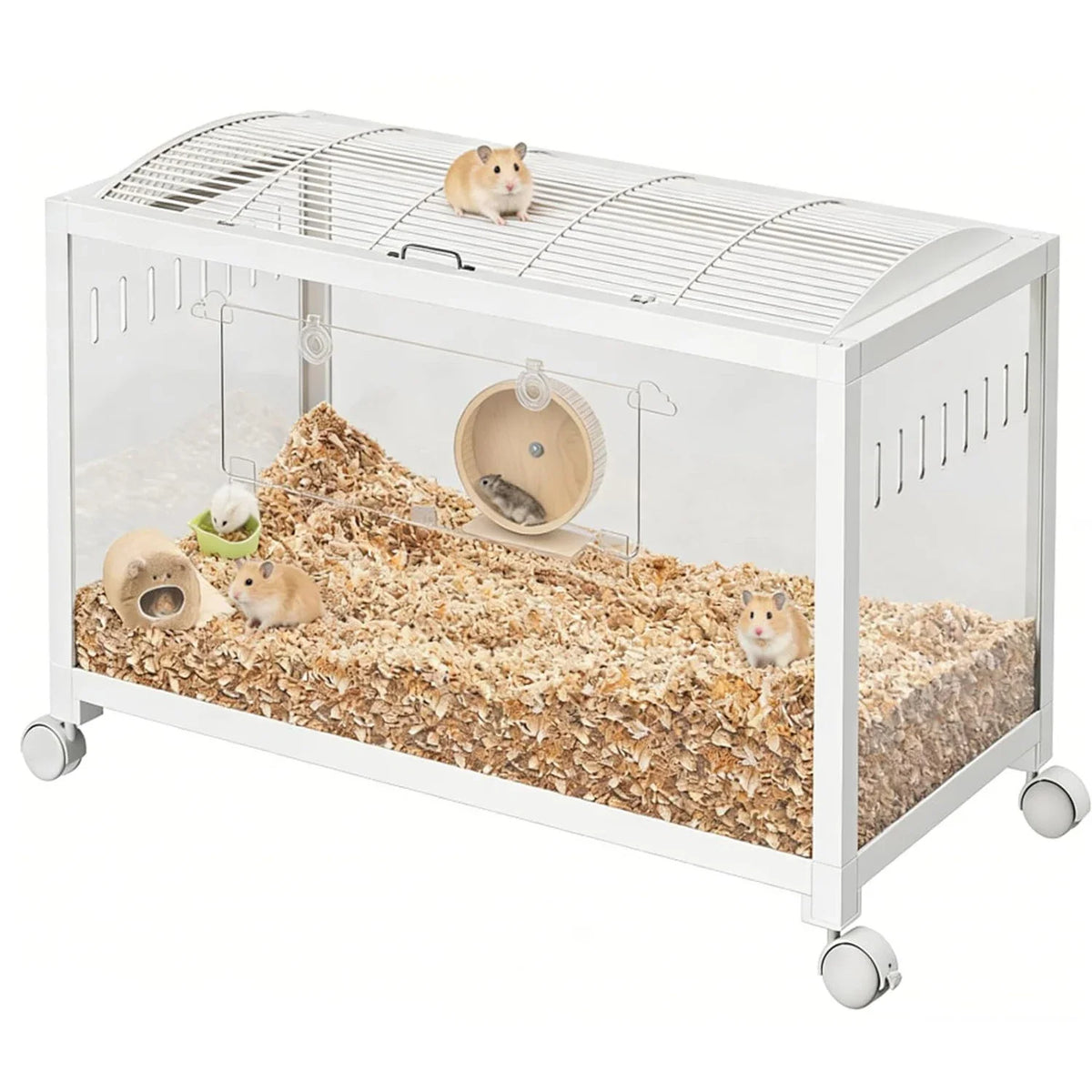 Hamster Cage with Wheels, Metal & Acrylic Habitat for Hamster, Guinea Pig, Gerbil, Mice, Chew-Proof, Dual Doors