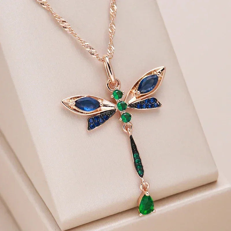 Blue Zircon Dragonfly Rose Gold-Tone Pendant Necklace