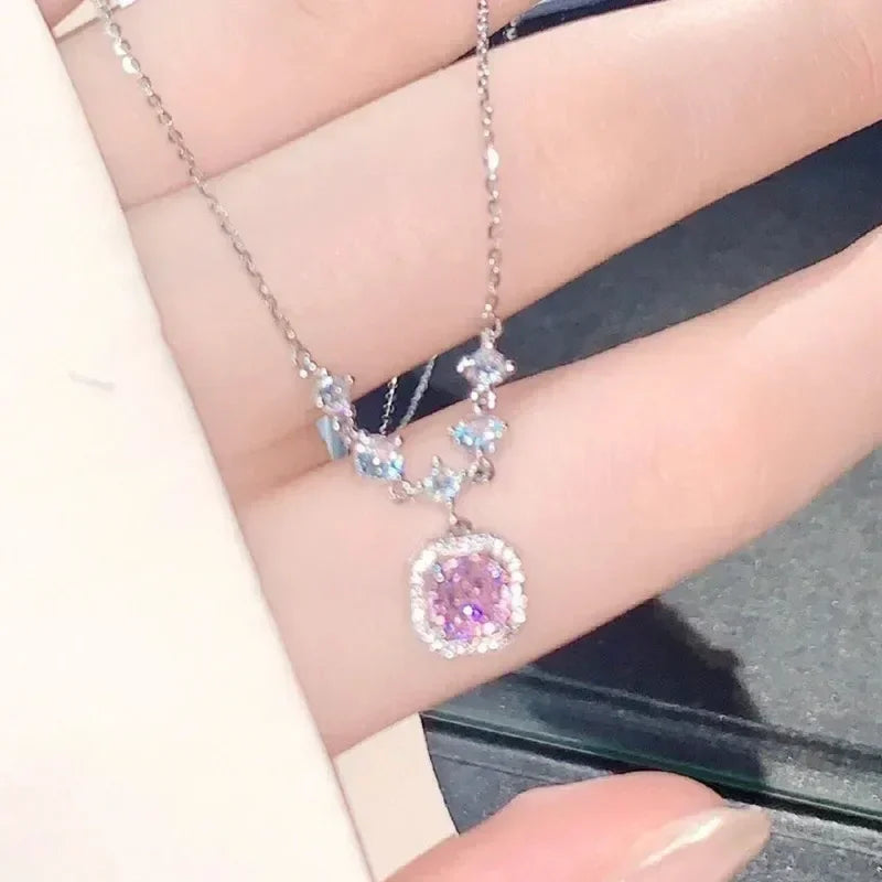 Square Pink Zircon Pendant Necklace