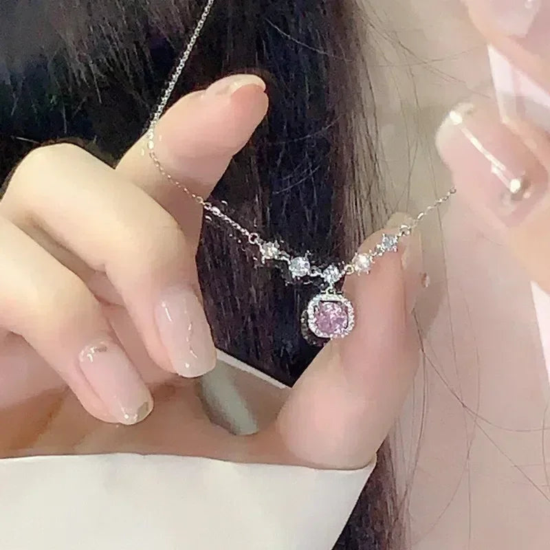 Square Pink Zircon Pendant Necklace